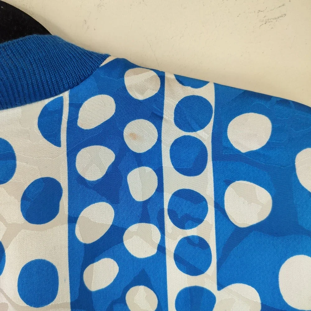 Vintage Polka Dot Silk Cardigan 16 Womens Balloon Sleeve Ribbed Cuff Blue Bold